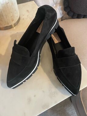 AGL Black Suede Pointed Loafer with White Trim